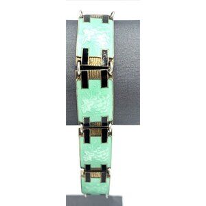 Sterling Silver Enamel Bracelet Pastel Green Grape Pattern 7.5" Signed TVA Vtg